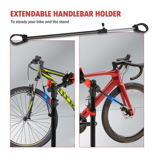 FAHKNS Bike Repair Stand: Heavy-Duty Telescoping Bicycle Repair Stand with Tool Tray, Rotating Clamps, and Adjustable Handlebar Rod
