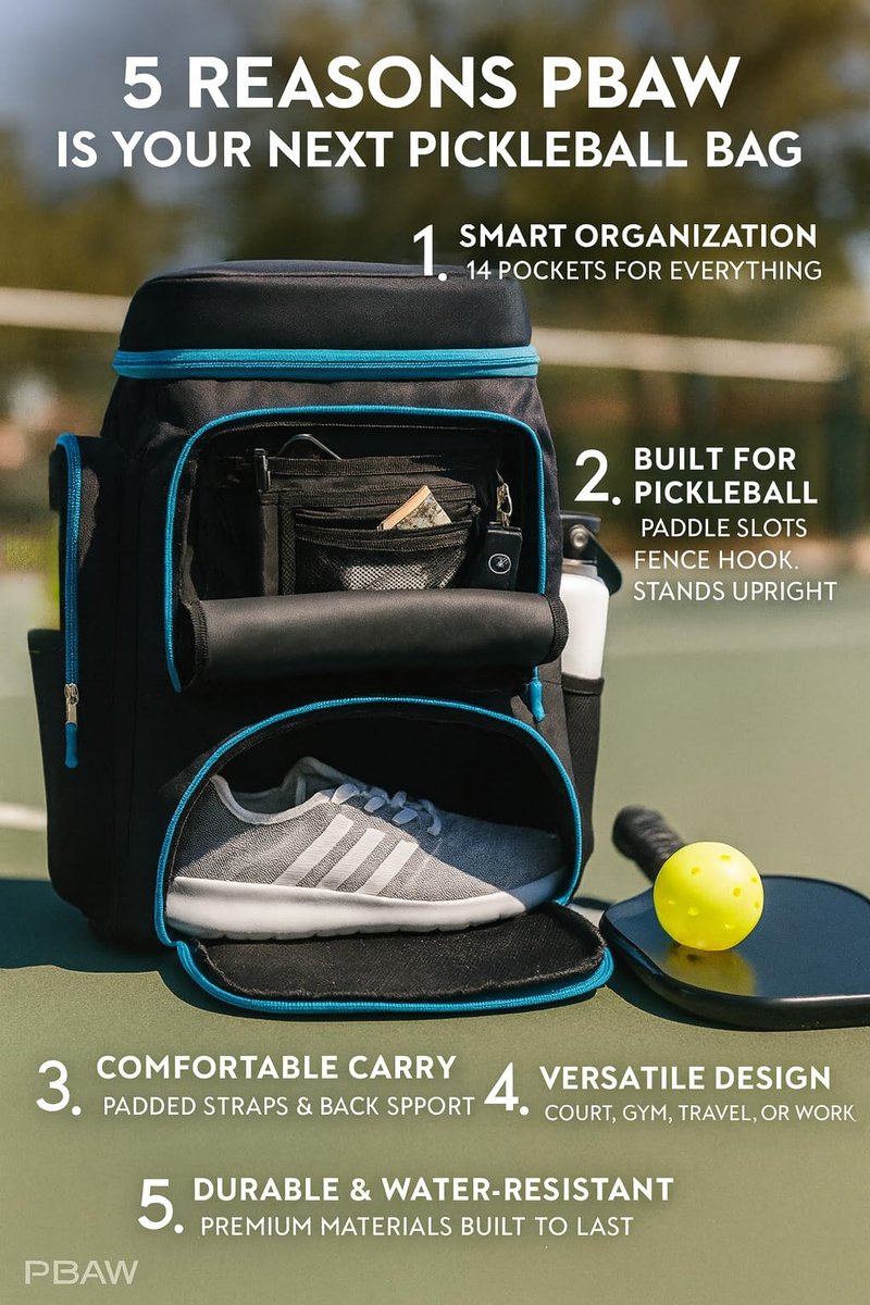 PBAW Pickleball Backpack Bag – Fits 2-4 Paddles, Vented Shoe Compartment, 14 Pockets, Fence Hook & Dual XL Bottle Holders – Lightweight Carry-On Gear Bag for Men & Women - Black/White