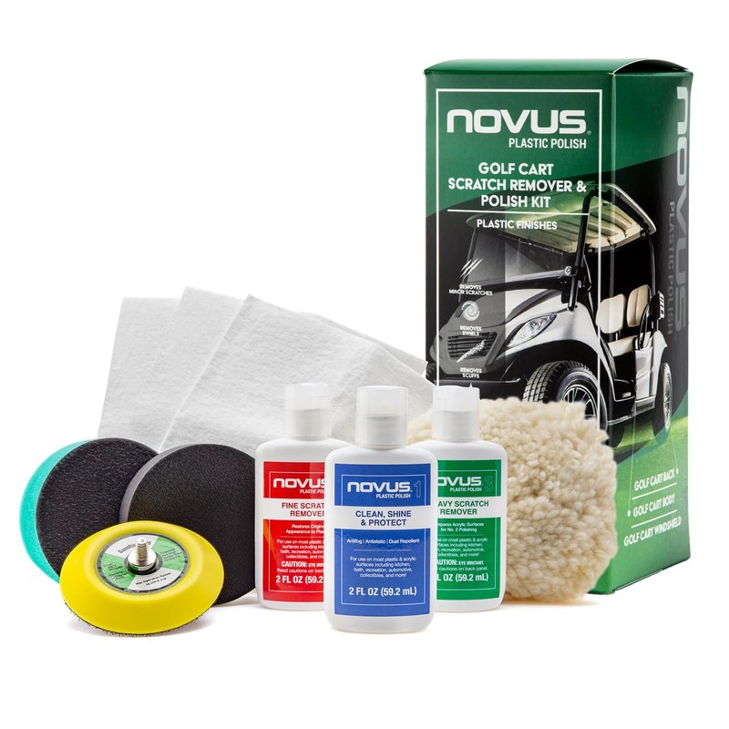 NOVUS 7760 | Golf Cart Maintenance Kit | Includes NOVUS Plastic Polish #3#2#1-2 Ounces Each, 2 Buffing Pads, Backing Drill Attachment, 3" Wool Pad, 3 Disposable Wipes