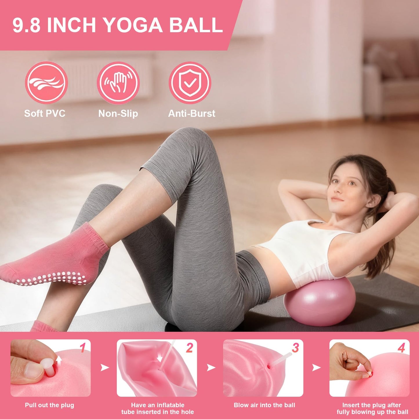 Pilates Ring and Ball Set for Women, Home Workout Pilates Kit, Magic Circle Hoop with 5 Resistance Bands, Pilates Equipment Fitness Essentials Starter Set Accessories (Pink)