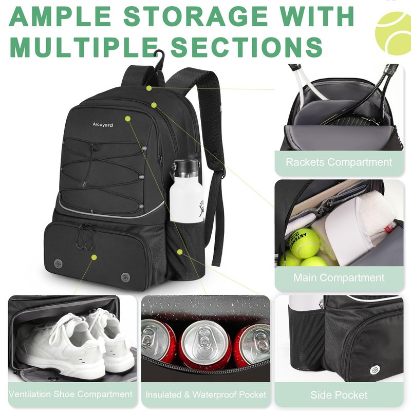 Arcoyard Tennis Bag, Large Tennis Bags For Women, Tennis Backpack with Ventilated Shoe Compartment and Insulated Pocket, Hold 2 Tennis Pickleball Rackets, Tennis Pickleball Balls and More (black)