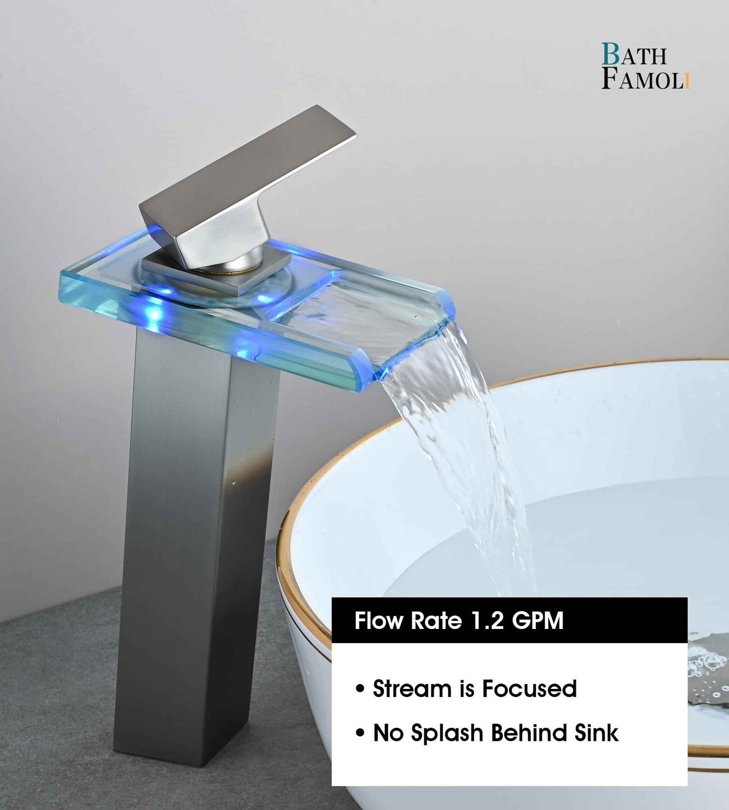 BATH FAMOLI LED Bathroom Sink Faucet, Tall Vessel Sink Faucet, Waterfall Single Handle 1 Hole and 2 Water Supply Lines, Brass Faucet with Open Glass Spout (Tall, Brushed Nickel)