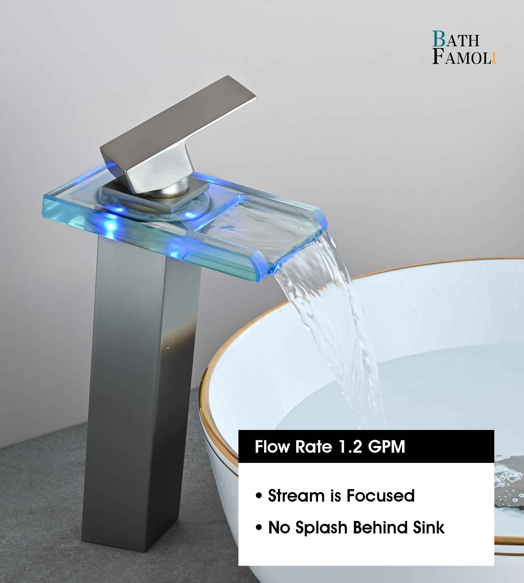 BATH FAMOLI LED Bathroom Sink Faucet, Tall Vessel Sink Faucet, Waterfall Single Handle 1 Hole and 2 Water Supply Lines, Brass Faucet with Open Glass Spout (Tall, Brushed Nickel)