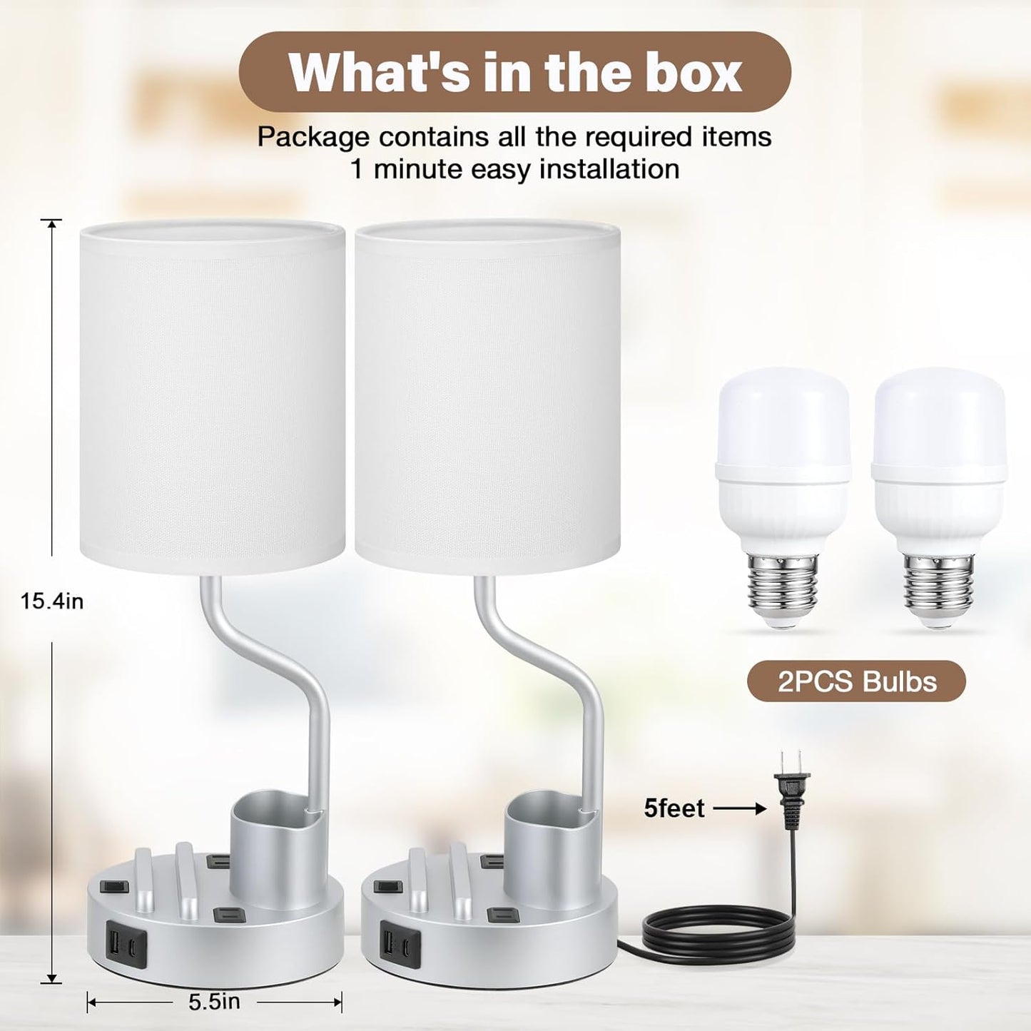 Set of 2 Bedside Table Lamps with USB & AC Outlet - 3 Color Temperatures, Desk Light & Phone Stand for Bedroom, Living Room, Office