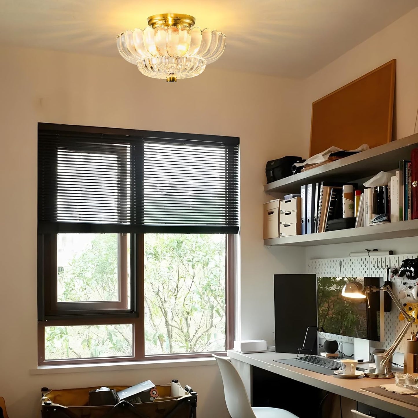 Modern Semi Flush Mount Ceiling Light Fixture with Brown Glass & Black Base - Ideal for Living Room, Kitchen, Bedroom, Hallway (Bulb Not Included)