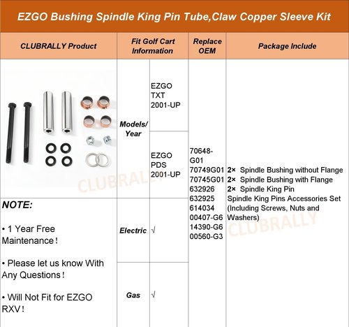 CLUBRALLY EZGO TXT/PDS Golf Cart Bushing Spindle King Pin Tube,Claw Copper Sleeve Kit, OEM#70648-G01, 70749G01, 70745G01