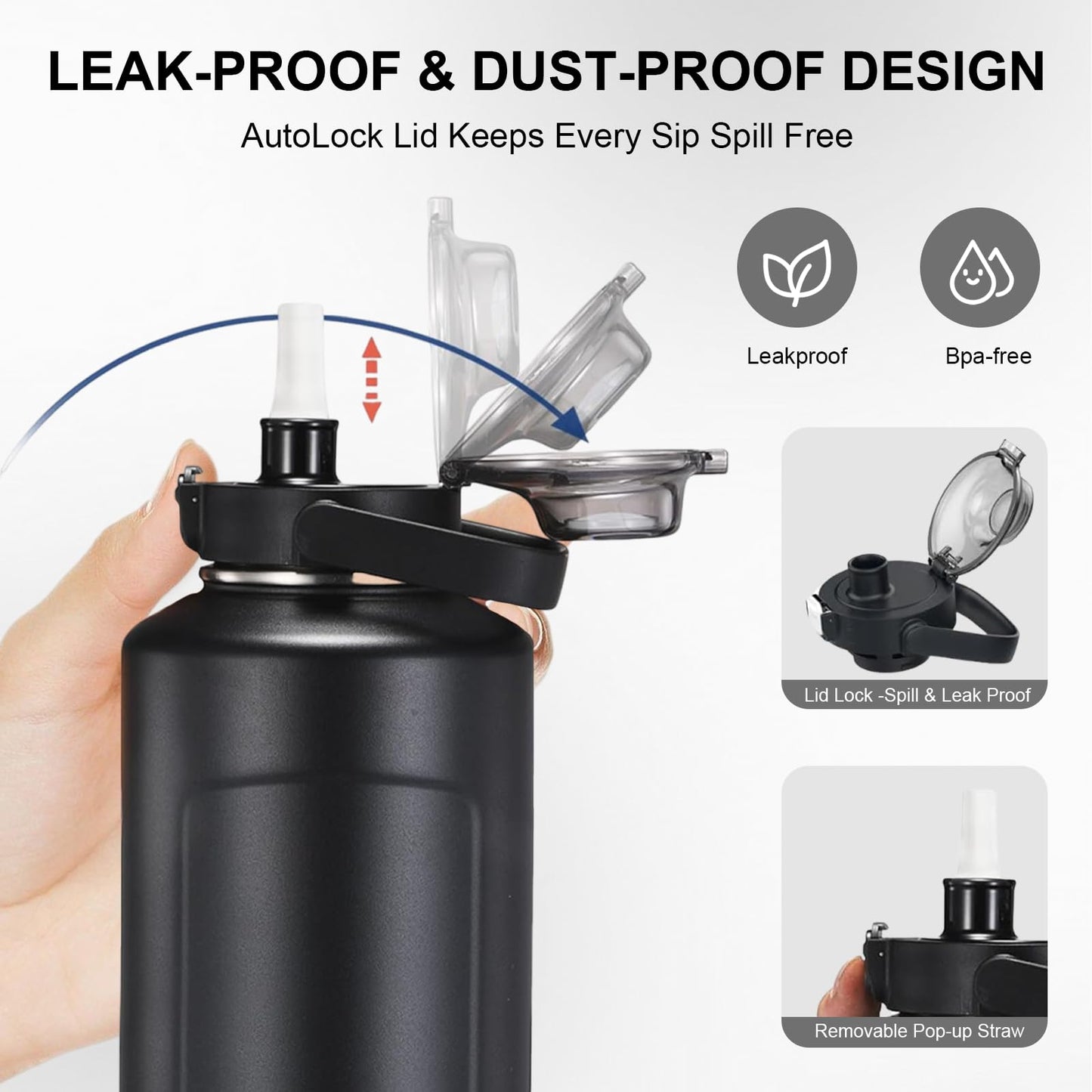 HYDRO H2O 64oz Half Gallon Fruit Infuser Insulated Stainless Steel Water Bottle Jug, 48H Cold & 24H Hot, Large Capacity for Travel Hiking Mountain Climbing Black