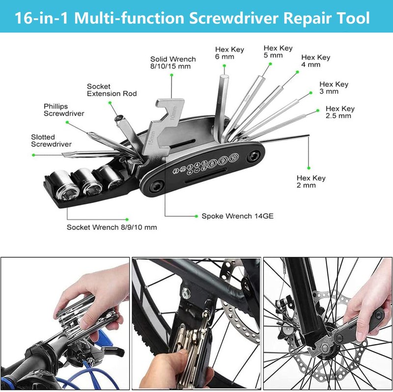 AaiLucky Bike Repair Tool Kit with Mini Bicycle Pump, Bicycle Saddle Bag with Tail Light, 16-in-1 Bike Multi Tool, Bicycle Tire Repair Kit for Road MTB Bikes, Bike Emergency Repair Kit
