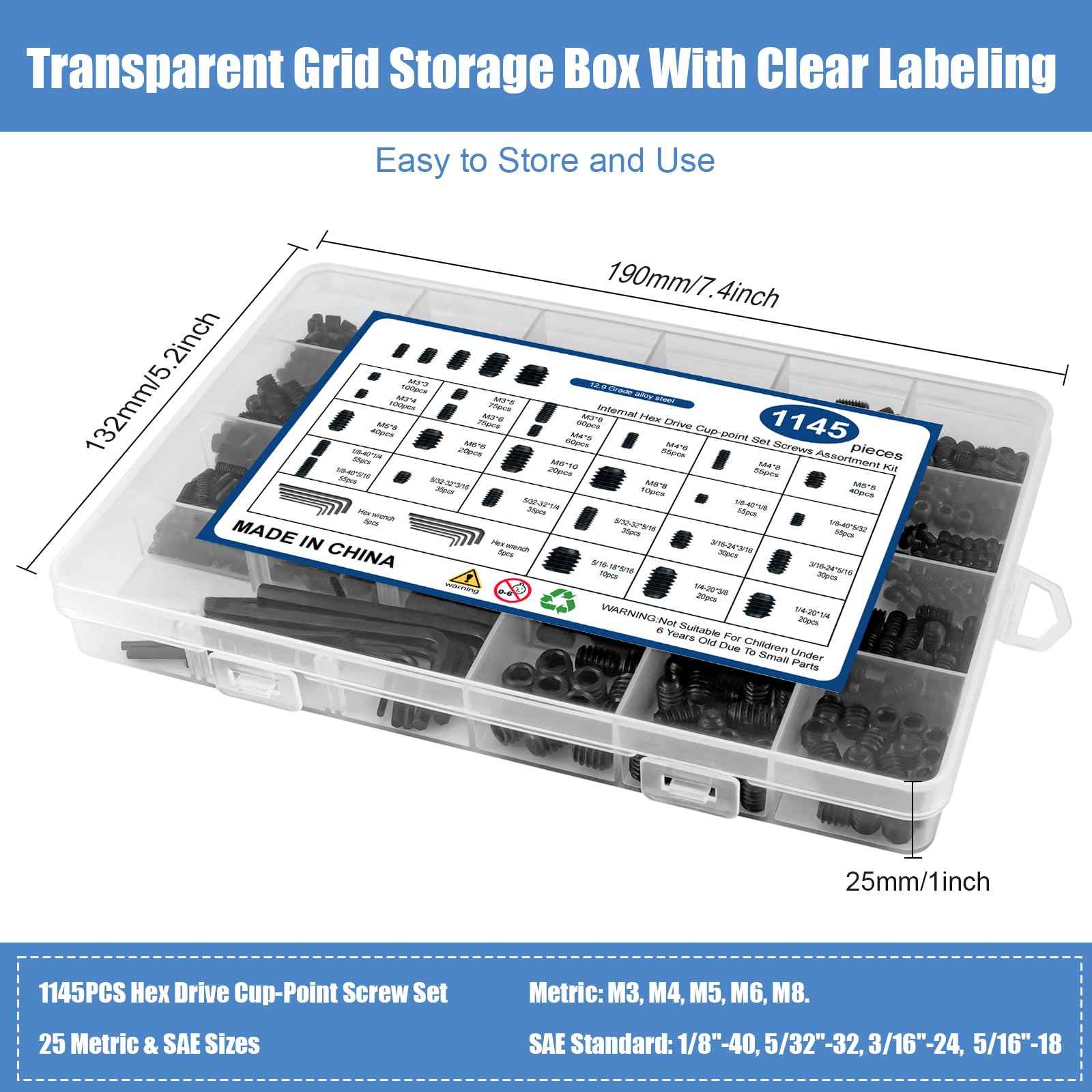 1145PCS 25 Sizes Metric & SAE Set Screw Assortment Kit,12.9 Class Alloy Steel Internal Hex Drive Cup-Point Set Screws Assortment Kit with 10 Hex Wrenches, M3 to M8 and 1/8-40 to 5/16-18