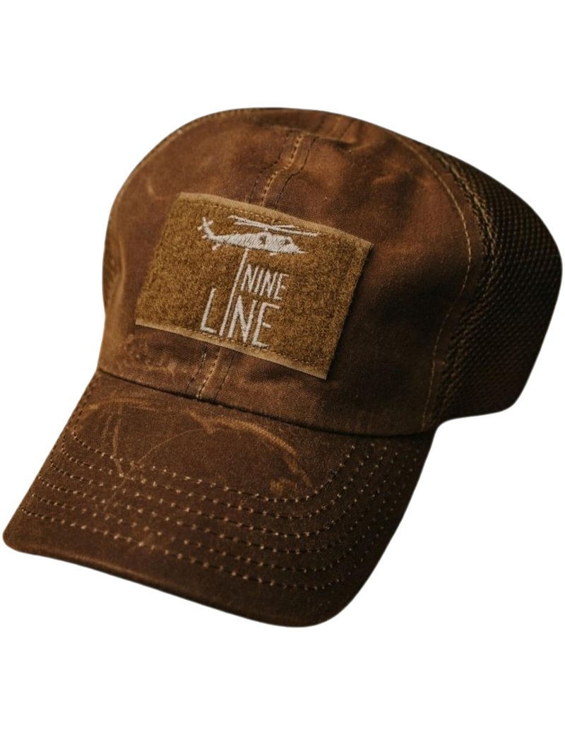 Nine Line Tan Mesh Back Hat with Dropline Logo, Adjustable Trucker Baseball Cap, Embroidered American Flag, Unisex Hat, USA Made