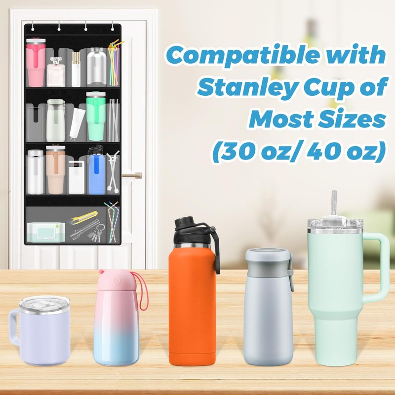 SelfTek Over the Door Water Bottle Tumbler Organizer, 17 Pockets Large Capacity Cup Organizer for S-tanley 40oz Tumbler, Foldable Hanging Holder with Straw Pocket, Cup Storage Back of Door