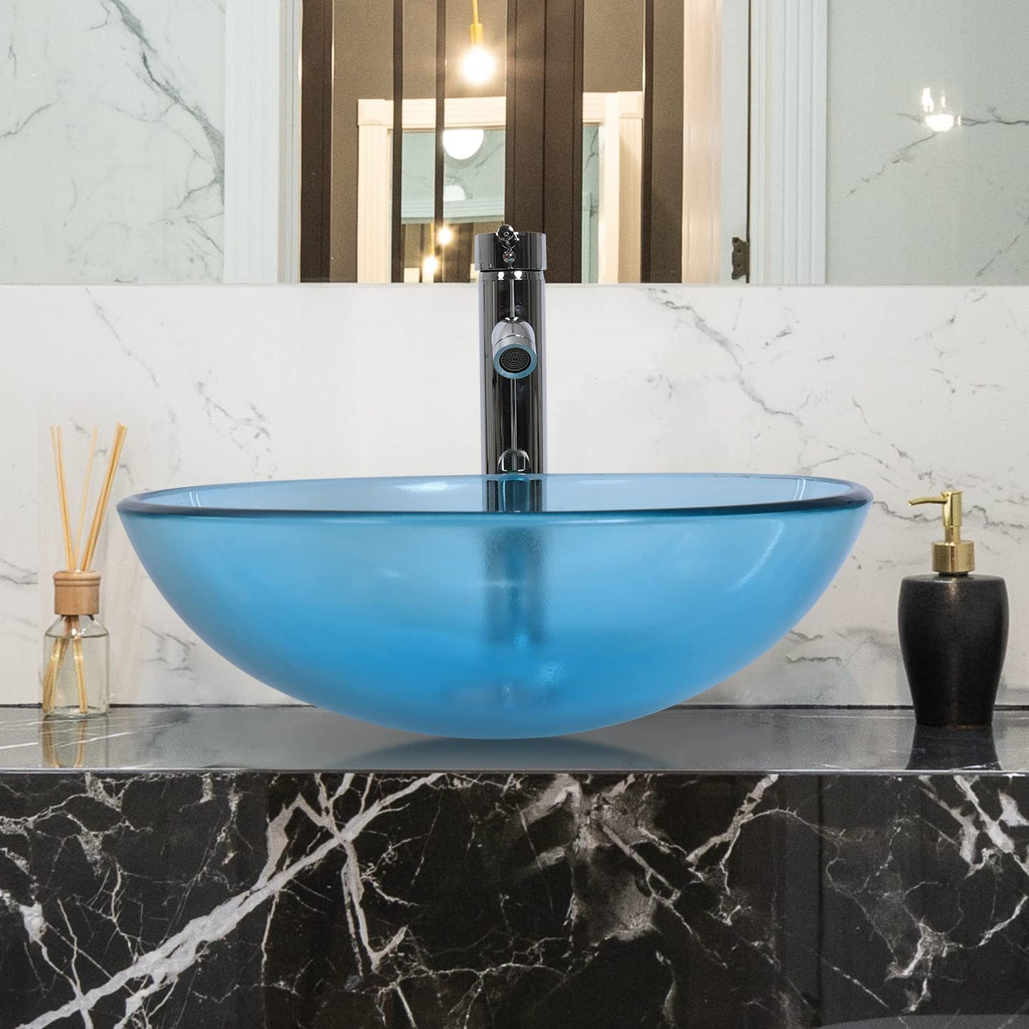Bathroom Vessel Sink, Tempered Glass Vanity Round Bowl with Chrome Faucet and Pop up drain Set, Blue