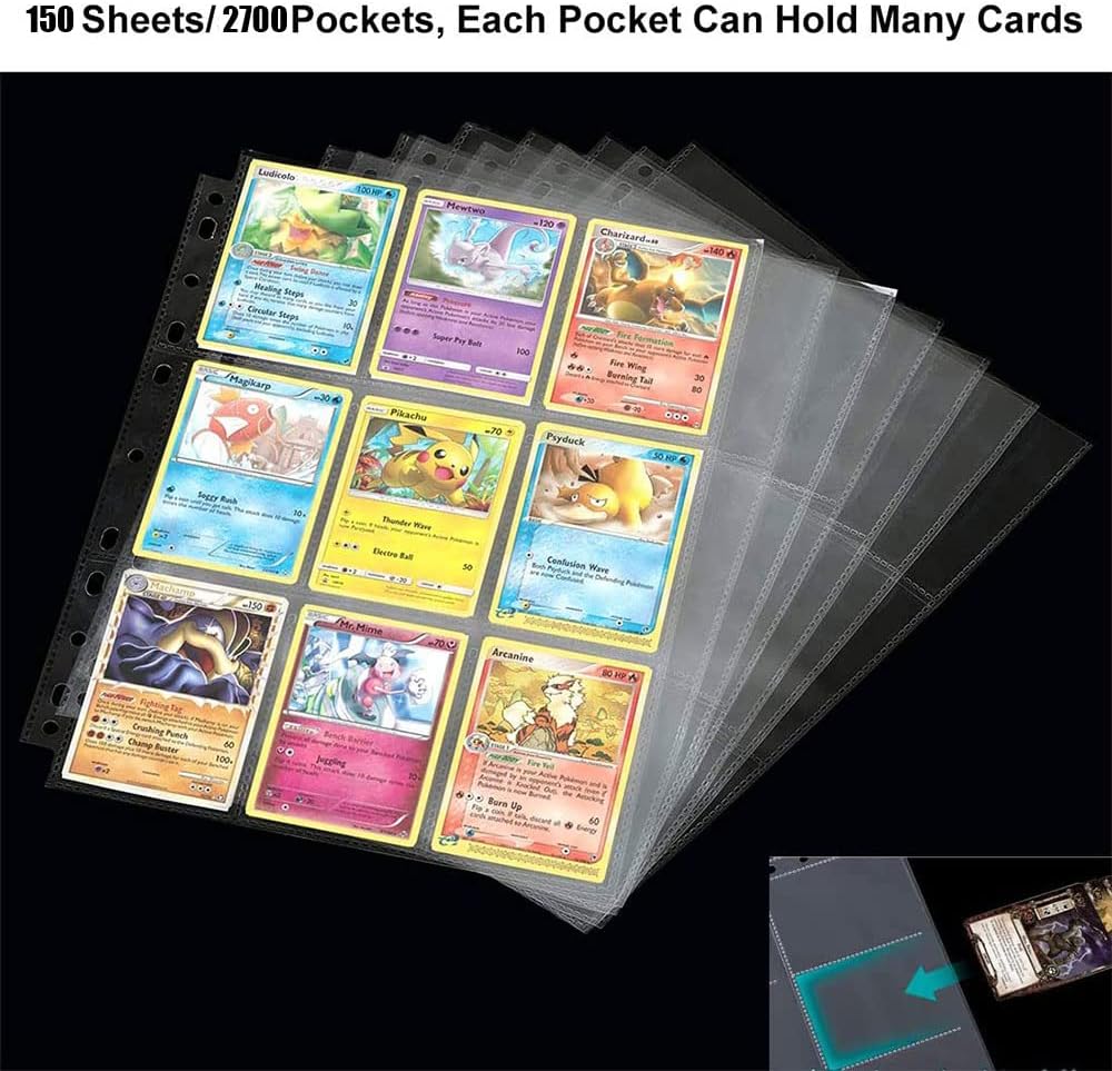 Skiennix 2700 Pockets Trading Card Sleeve Pages - 150 Pack Double-Sided 9-Pocket Protectors for Standard Size Sports Cards
