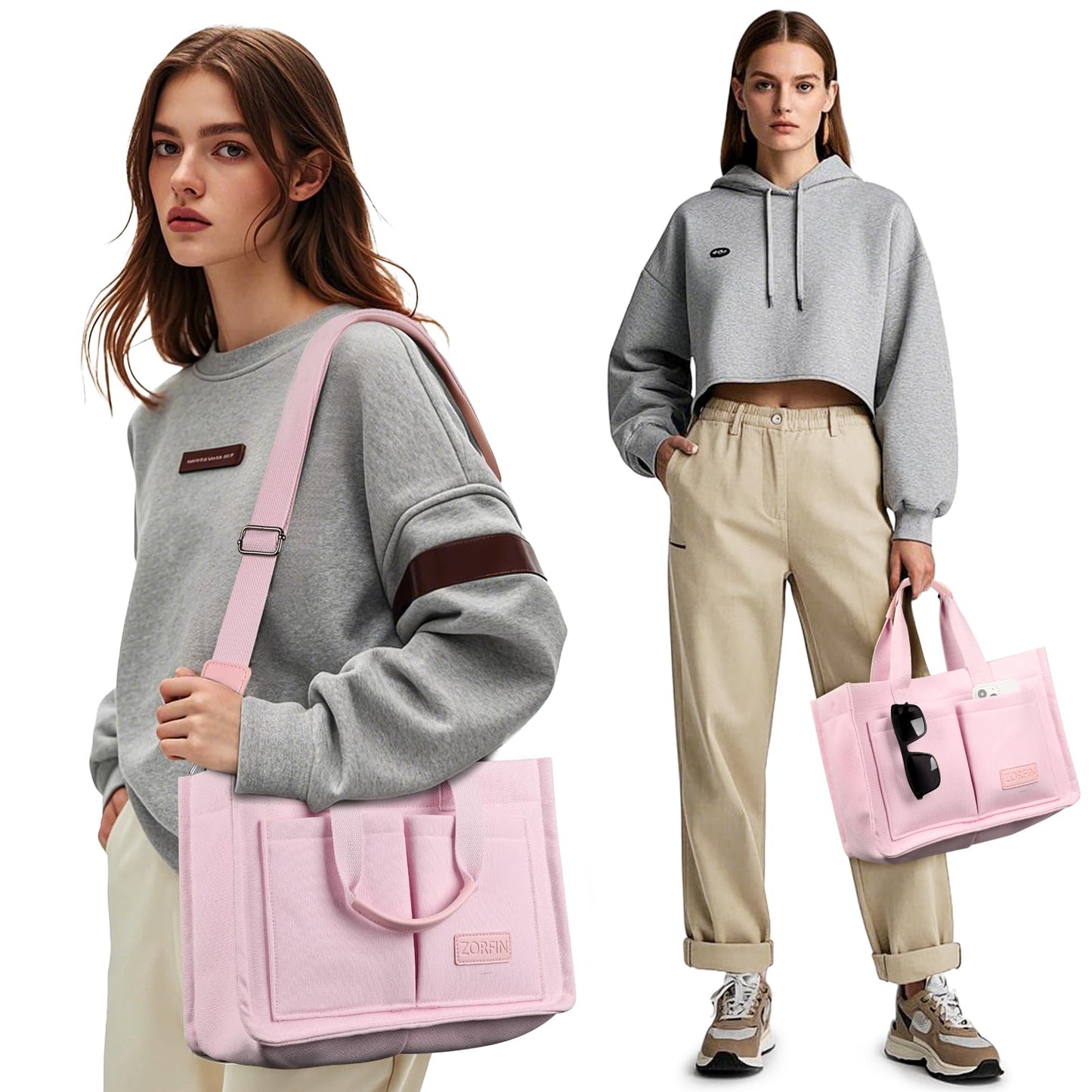 ZORFIN Canvas Tote Bag for Women with Zipper and Compartments Crossbody Work Laptop Bag for Travel College Office, Pink