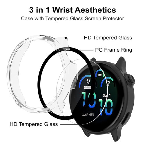 JADTILXY Case Compatible with Garmin vivoactive 6 with Screen Protector, 4-Pack Hard PC Cover HD Tempered Glass Case Anti-scratch Full Protection Shell for Garmin vivoactive 6 (Black+Blue+Green+Clear)