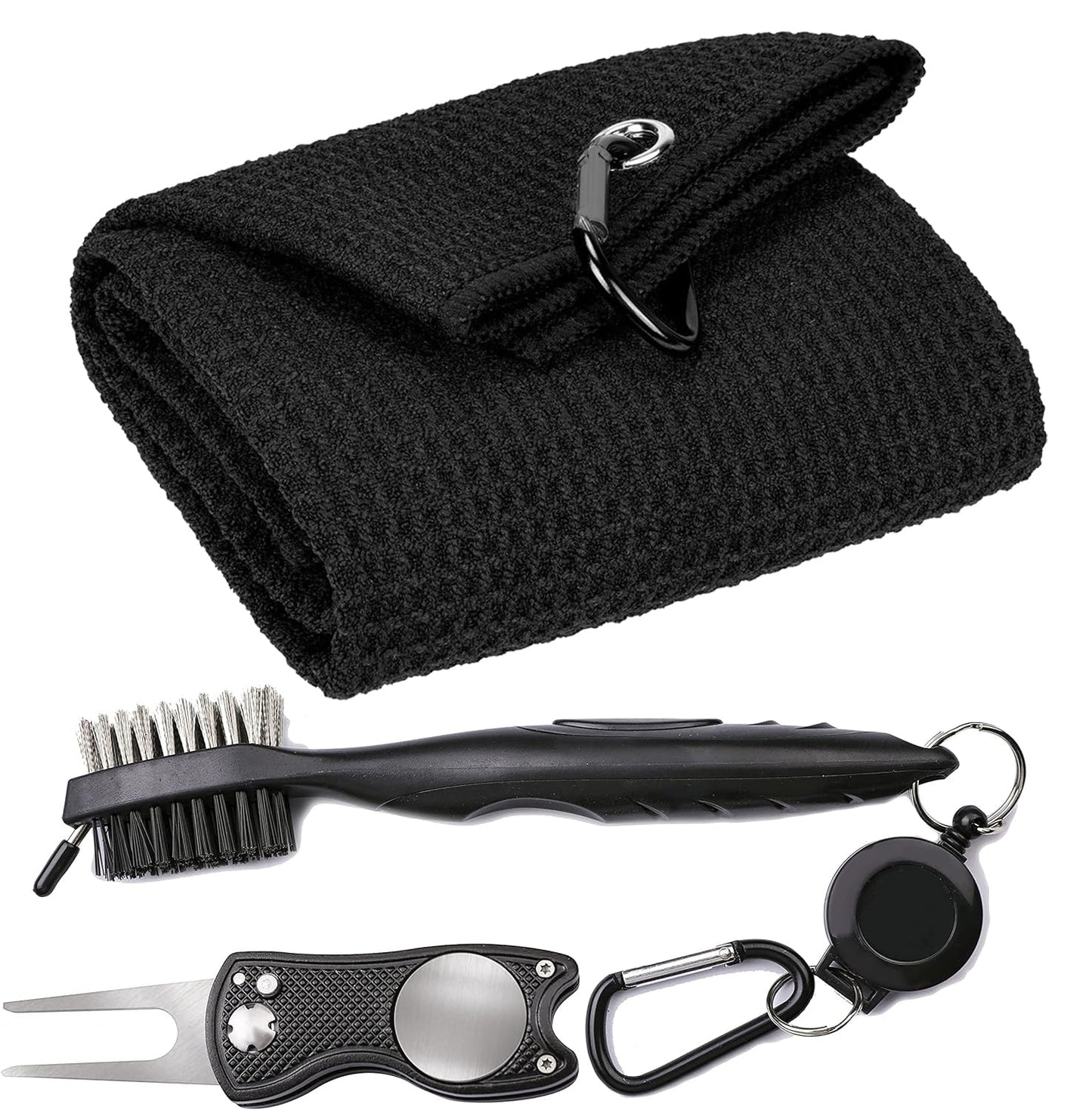 VIVIDLY Microfiber Waffle Pattern Tri-fold Golf Towel Set | Golf Club Brush| Golf Divot Tool