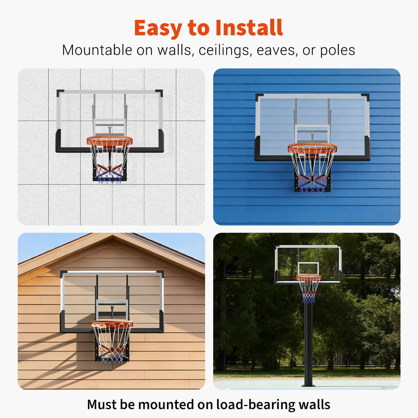 54" Wall Mounted Basketball Hoop 8-10 FT Adjustable Height PC Backboard