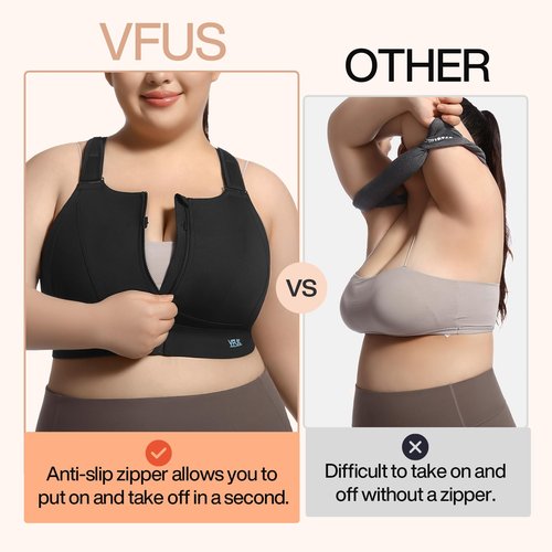 VFUS High Impact Sports Bras for Women Adjustable Zip Front Plus Size Workout Bra Full Coverage Removable Padded Running (XX-Large Plus, Black)