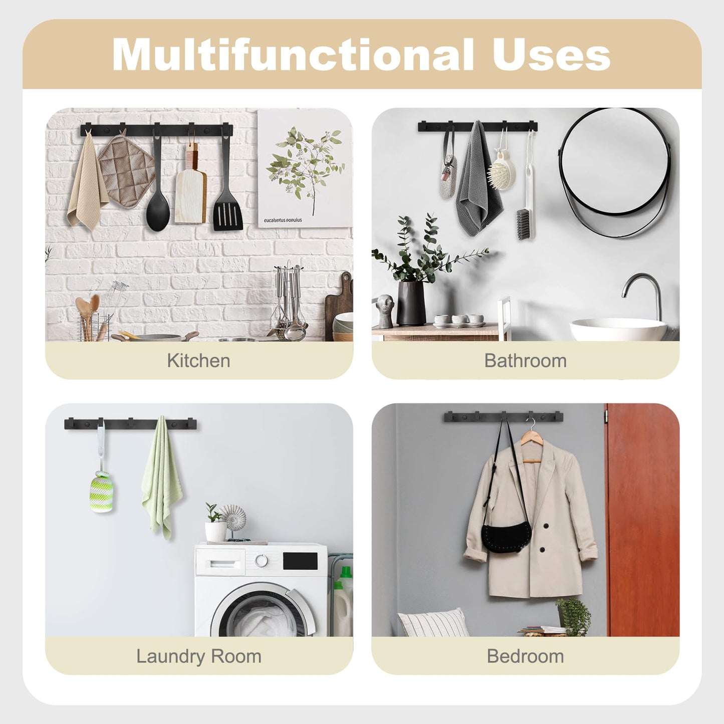 HOMEBROS Coat Rack Wall Mount, Metal Coat Hanger with 5 Hooks, Heavy Duty, Black, 1 Pcs