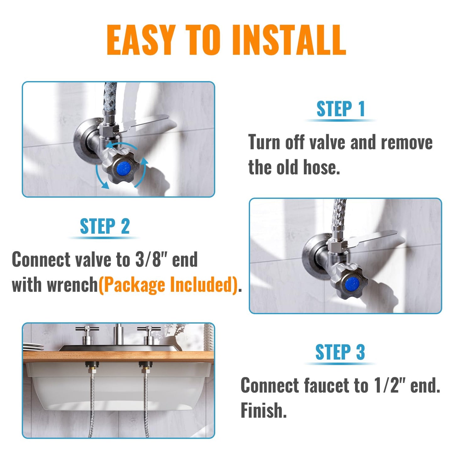 (2 Pack) SUNGATOR 24 Inch Faucet Supply Lines, 3/8" Female Comp Thread x 1/2" FIP Thread Sink Hose, 24" Stainless Steel Braided Faucet Supply Line for Bathroom, with 2 Wrenches and 1 Sealing Tape