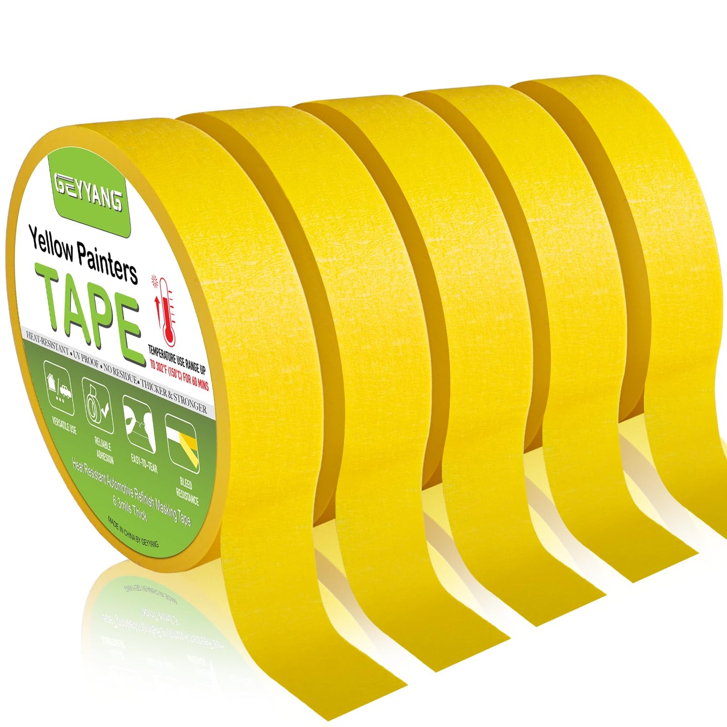G GEYYANG Yellow Painters Tape, Automotive Masking Tape - Yellow Masking Tape for Walls Painting, DIY Crafting, Labeling, Art, Car - 1 Inch x 55 Yards x 5 Rolls
