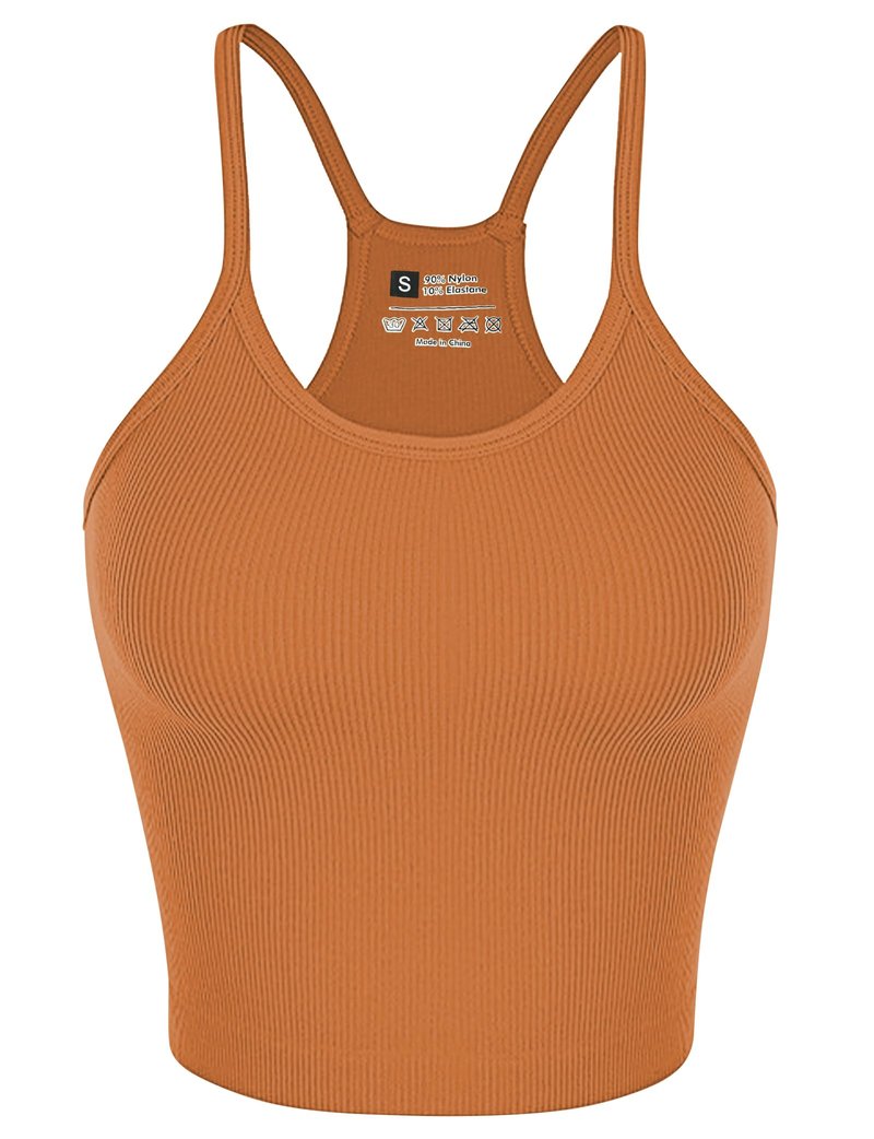 Ribbed Tank Top for Women 2025, Seamless Racerback Workout Tops, Basic Sports Camisole Tops, Crop Tops for Yoga Sports Going Out Orange S (Long Crop)
