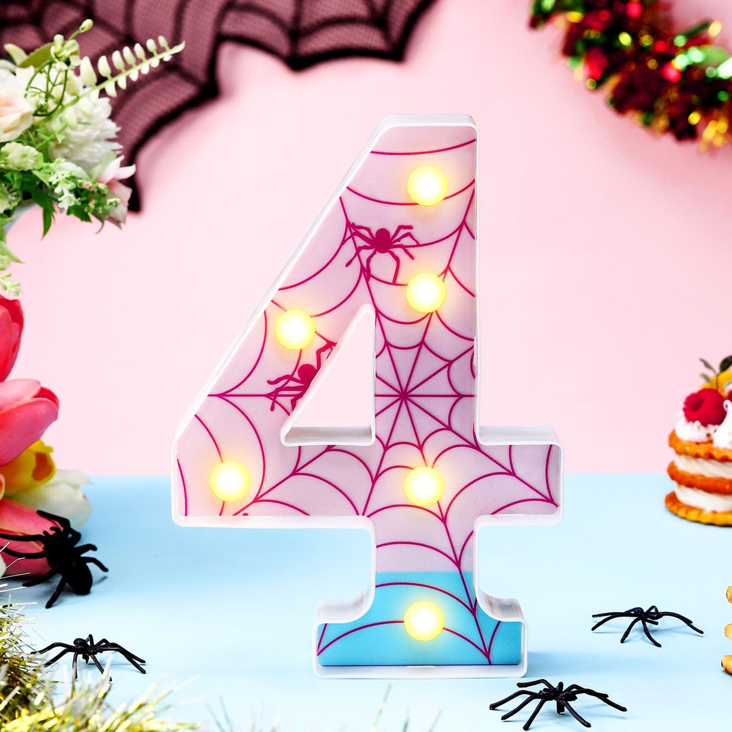 Leinuosen Spider LED Number Lights Birthday Party Decoration Pink Spider Light up Numbers Women Birthday Supplies for Marquee Night Christmas Gift Baby Shower (Number 4)