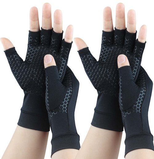 2 Pairs Copper Arthritis Gloves for Carpal Tunnel Pain Relief, Compression Gloves to Alleviate Hand Pain, Swelling, Fingerless Computer Typing Gloves for Rheumatoid, Tendonitis Women & Men (Medium)