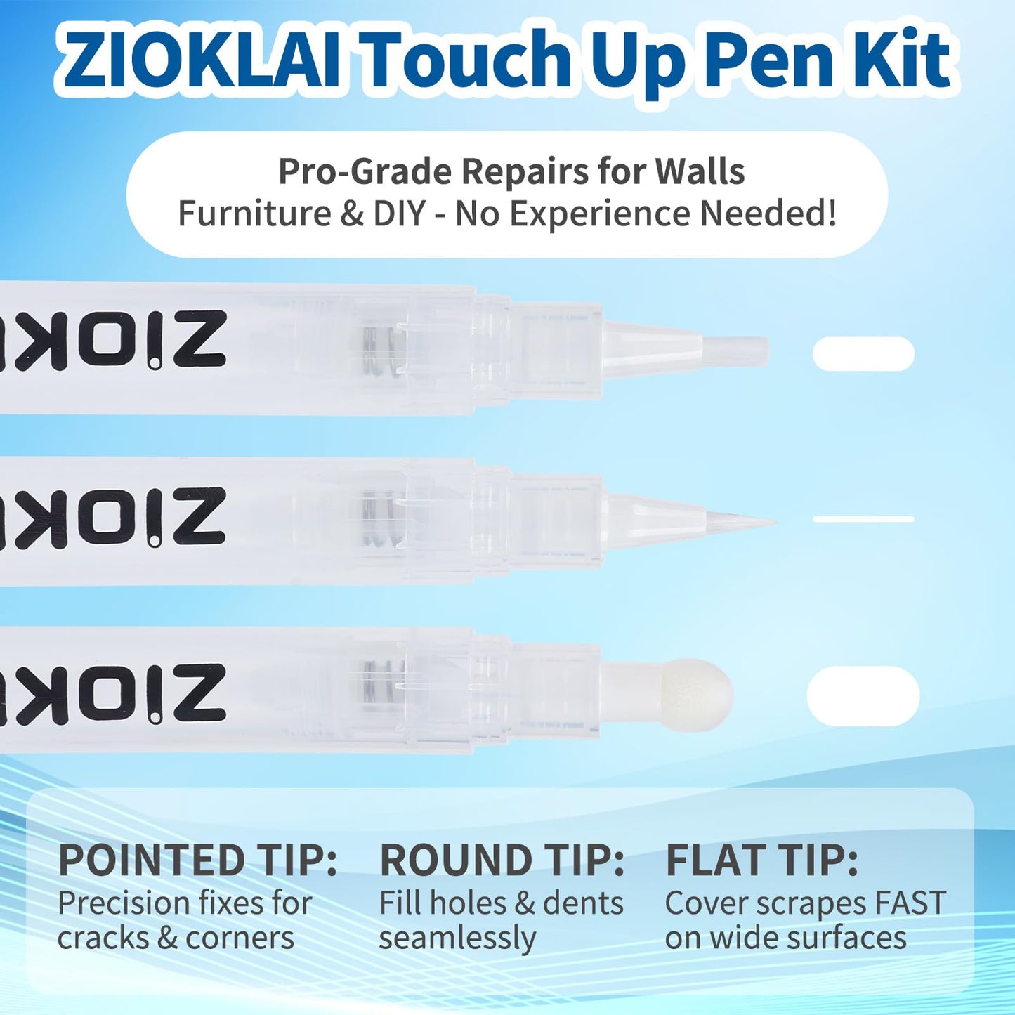 ZIOKLAI Refillable Touch Up Paint Pen Set 3 Paint Touch Up Pens Fillable Pens with 3 Syringes & 3 Brush Heads (Fine, Round, Flat) for Walls, Wood, Furniture, Cabinets, DIY