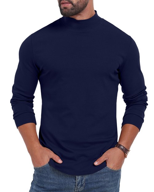 Sailwind Men Mock Neck Cotton Long Sleeve T Shirt Lightweight Base Layer Basic Pullover Navy Blue
