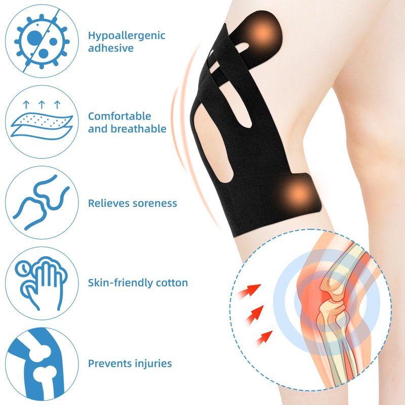 12pcs Precut Kinesiology Tape for Knees, Breathable Elastic Kinesiology Athletic Muscle Tape Strips Flexible, Waterproof Sport Knee Patch Stickers for Knee Support & Stability (Black)