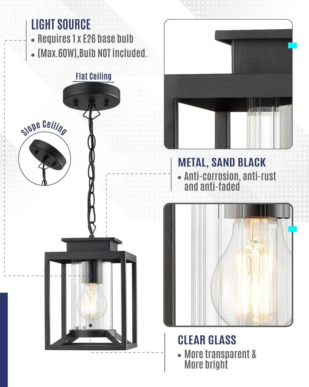 Modern Black Outdoor Pendant Light - 1-Light Hanging Lantern for Porch & Gazebo
