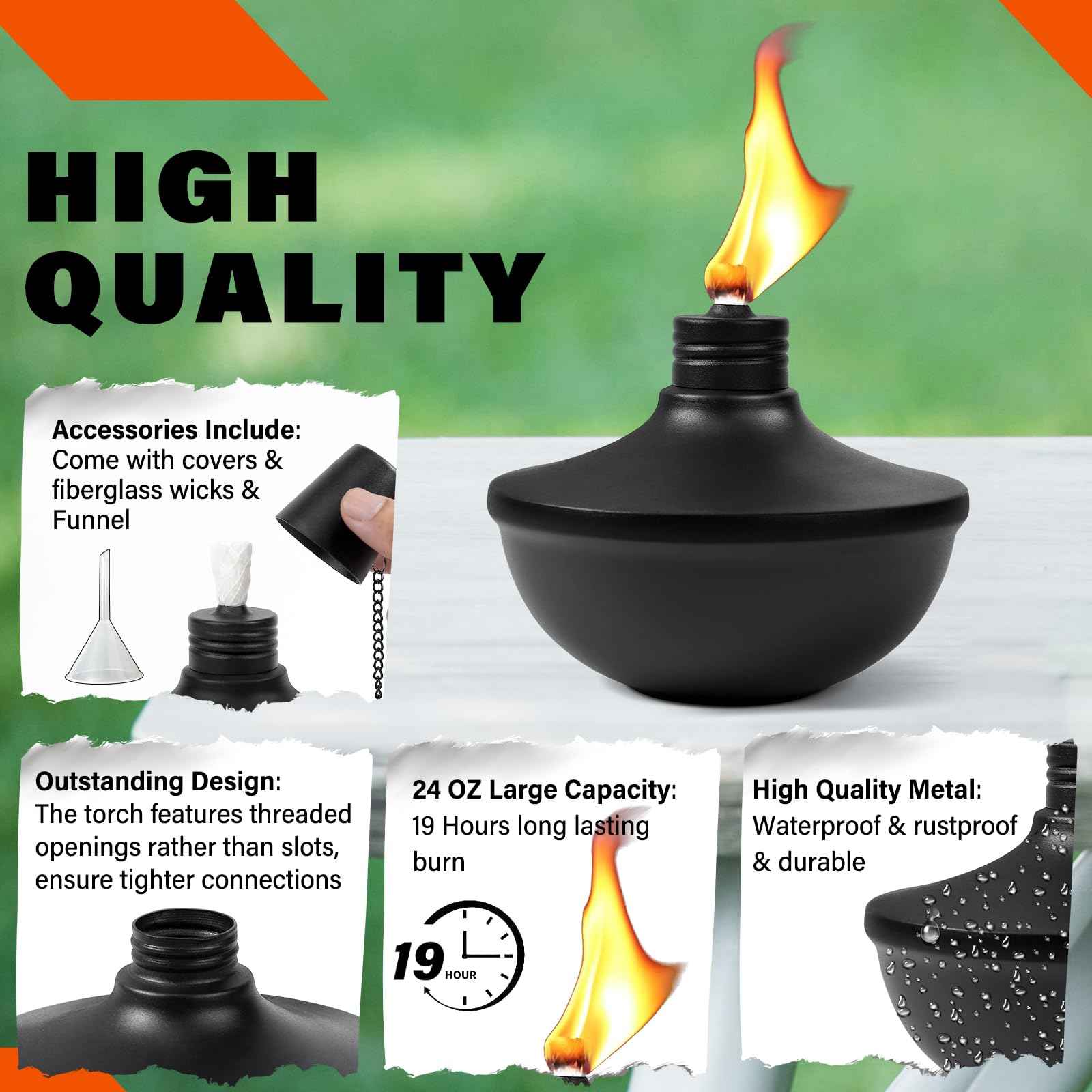 FAN-Torches 2-Pack Upgraded Tabletop Torches, 24 oz Citronella Torch Lights, Refillable Torch with Wicks, Covers, and Funnel Included - Ideal for Garden, Patio, Deck, Yard, Party, Landscape