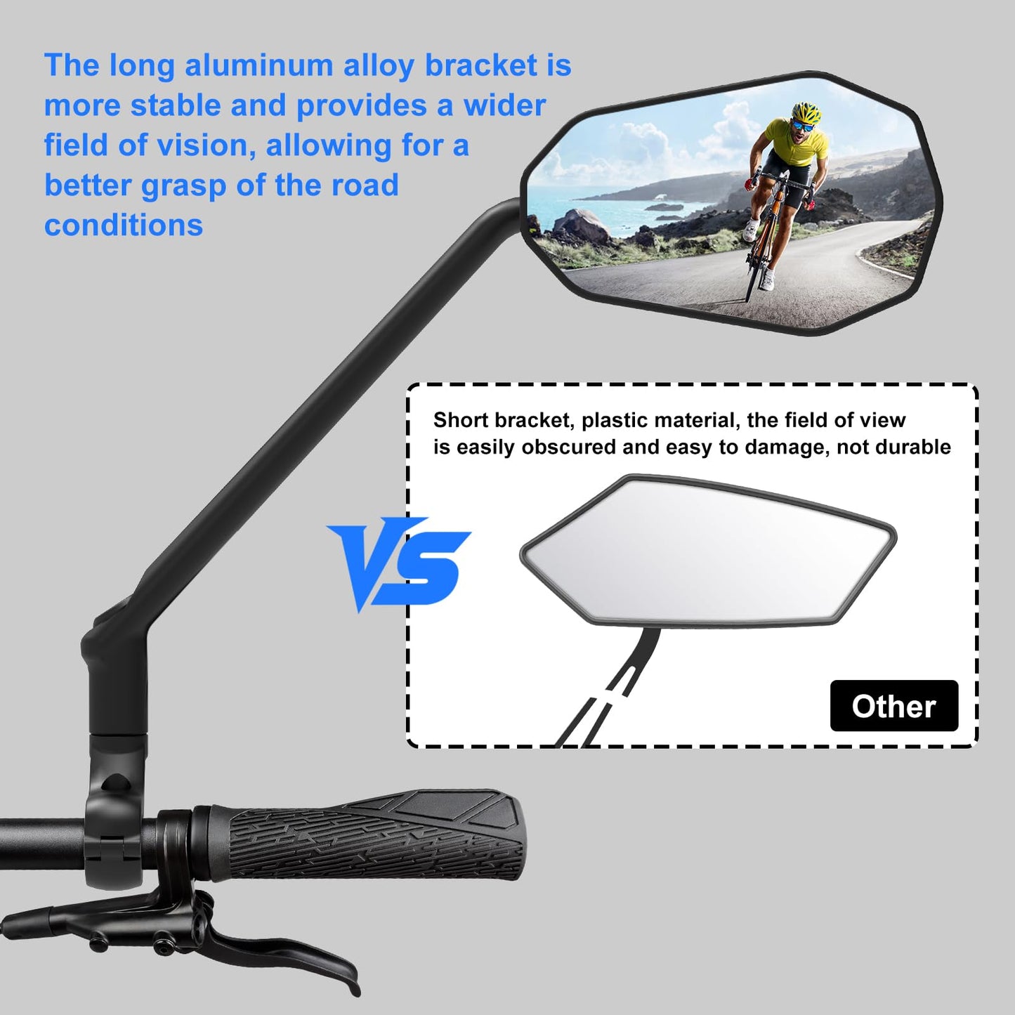 Diyife Bike Mirror, [Long Arm] HD Wide Angle Large Bicycle Mirrors for Handlebars, 360°Adjustable Anti-shake Bicycle Rear View Mirror, Bike Accessories for Ebike Scooter Mountain Road Bike (Left)