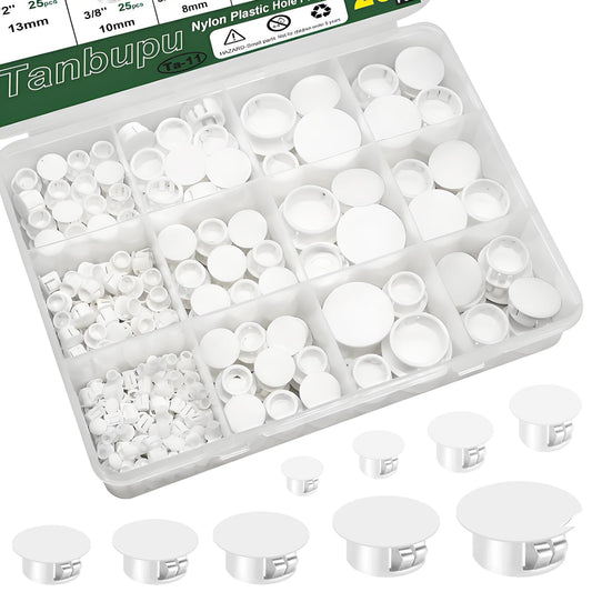 Tanbupu 200Pcs 9 Sizes Nylon Plastic Hole Plugs 1/5" 1/4" 5/16" 3/8" 1/2" 5/8" 3/4" 7/8" 1"Round Hole, Flush Type Panel Knockout Locking Plugs,Screw Covers for Furniture Cabinet Insert End Caps(white)