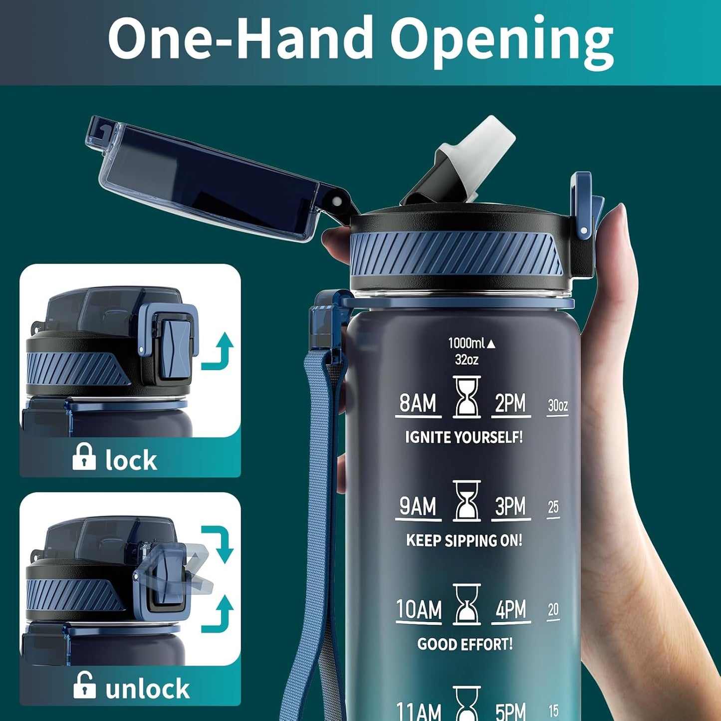 QLUR 32oz Motivational Water Bottle - BPA-Free Tritan with Time Marker & Carry Strap | Leakproof for Gym & Outdoor Use