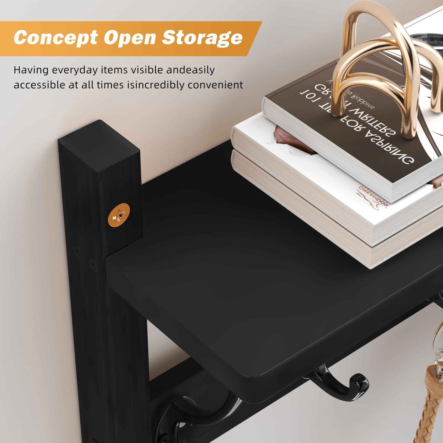 VASMIA Coat Rack Wall Mount with Shelf,Bamboo Wall Shelf with Hooks,Coat Hangers for Entryway,Bathroom, Living Room, Bedroom, Black