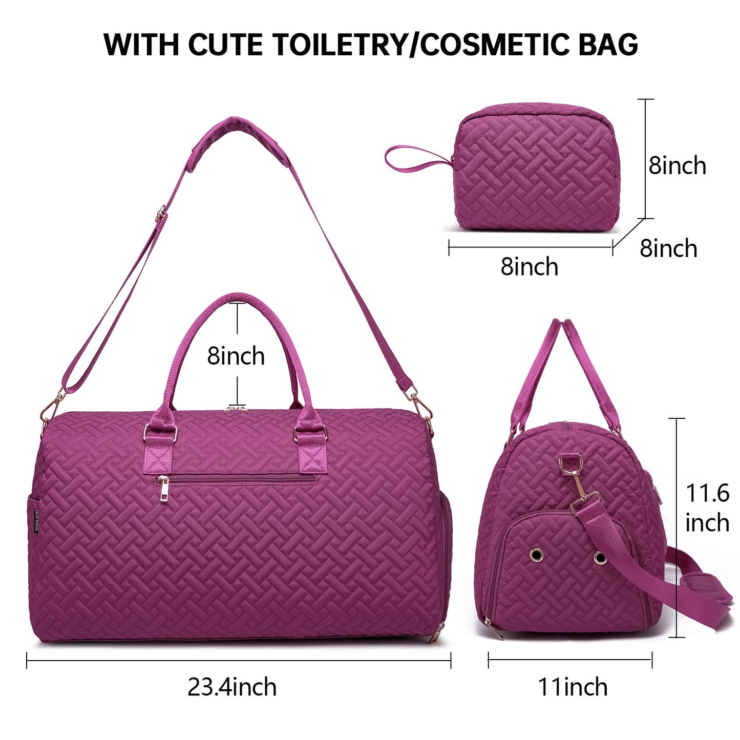 Duffle Bag for Travel, Weekender Bag with Shoe Compartment, Carry On Overnight Bag for Women with Toiletry Bag, Gym Bag with Wet Pocket, Hospital Bags for Labor and Delivery Purplish Red