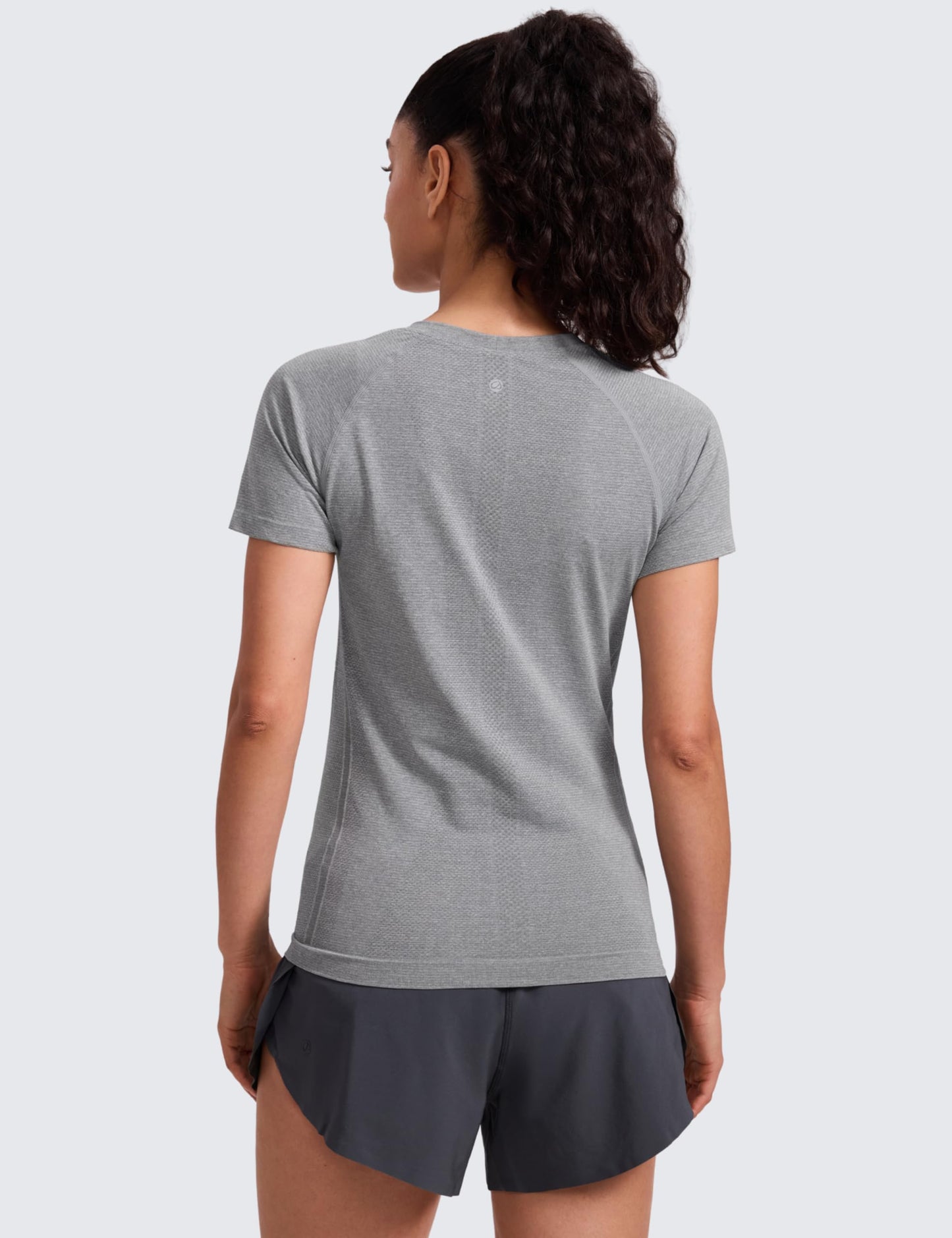 CRZ YOGA Seamless Workout Tops for Women Hip Length - Athletic Running Gym Yoga Short Sleeve Shirts Breathable Crewneck Tees Slate Grey Marl Medium