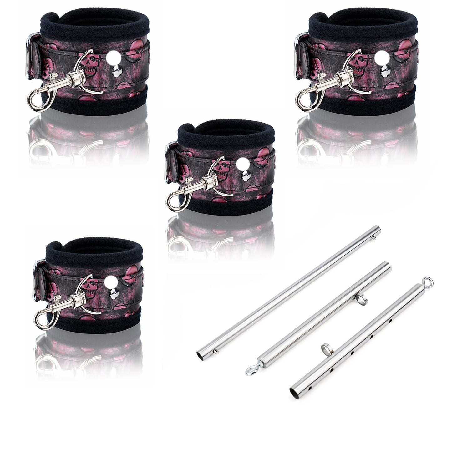 Spreader Bar Heavy Duty Stainless Steel Expandable Home Gym with 4pcs Furry Purple Adjustable Strap,Sports Aid Training Fitness Gear Pilates Aid Kit,Yoga Set (Silver+Black-Pink PU Kit)