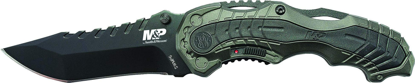 Smith & Wesson SWMP6 7.7in High Carbon S.S. Assisted Folding Knife with 3.4in Clip Point Blade and Aluminum Handle for Outdoor, Tactical, Survival and EDC,Black