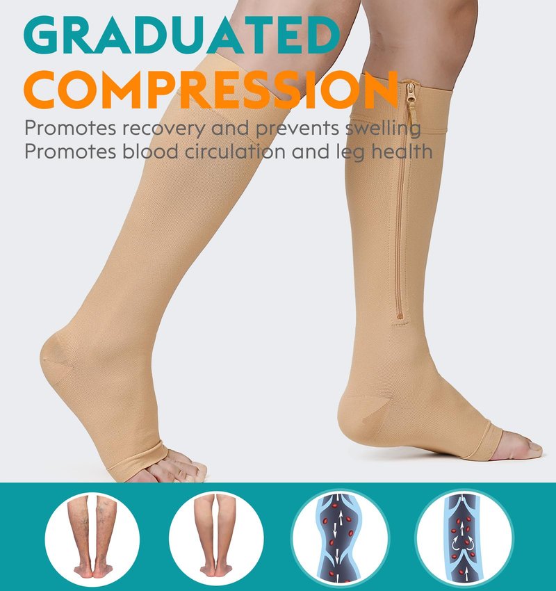 NURCOM Copper Compression Socks for Varicose Veins & Lymphedema, Zipper Compression Socks 20-30 mmHg Knee-High Open Toe Beige Large, Relieve Swelling & Discomfort, Improve Circulation, DVT Prevention