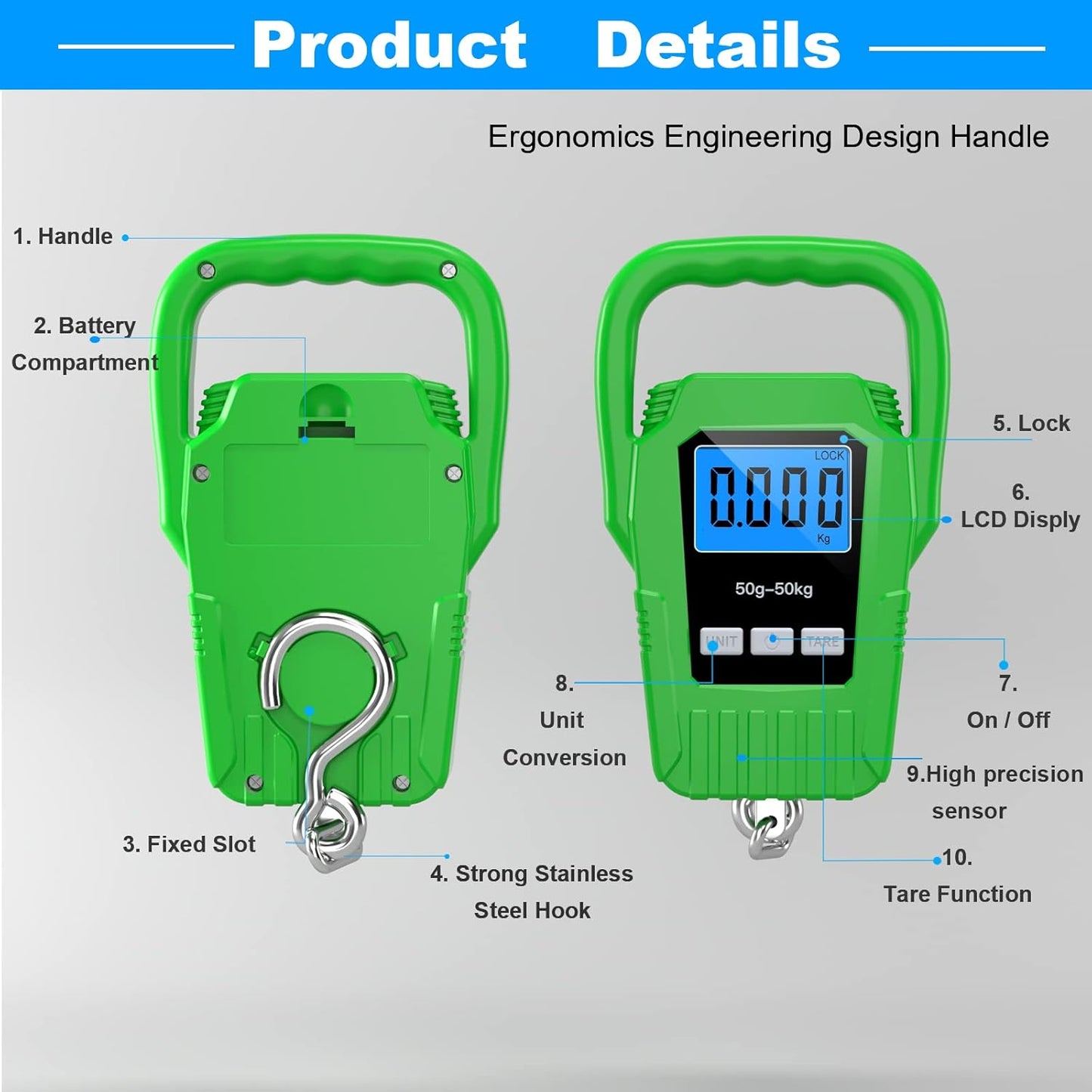 SKEAP Digital Fish Scale - 110lb Capacity with Backlit LCD Display & Large Handle | Green Fishing Gift