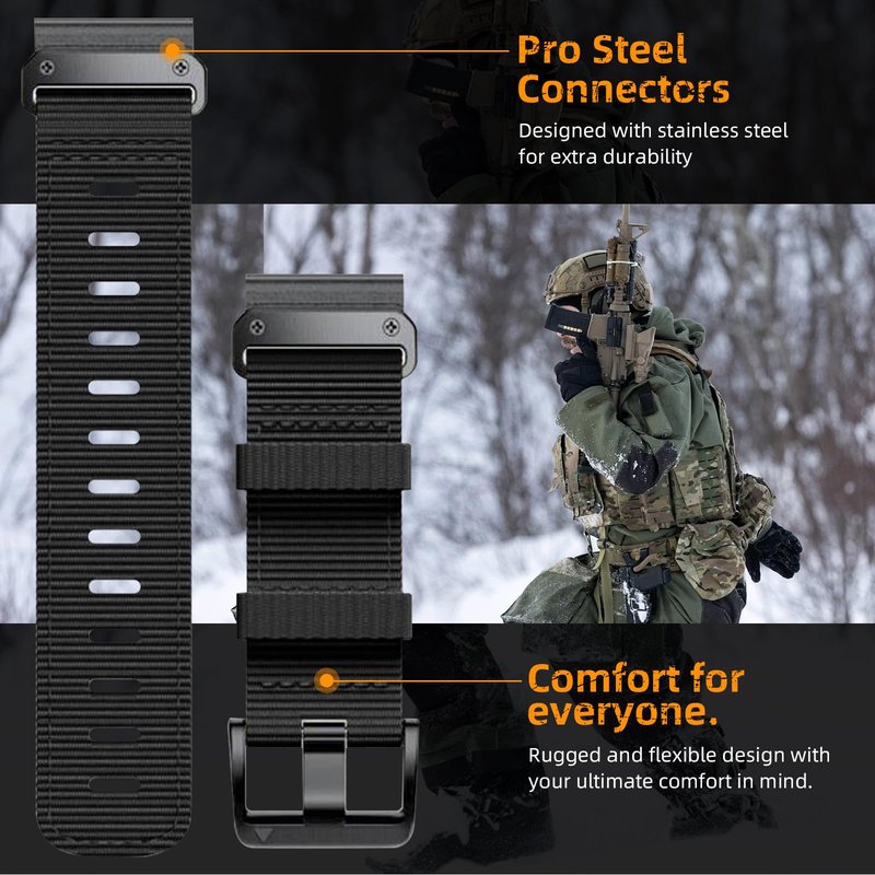 22mm Nylon Watch Band Compatible for Garmin Fenix 8 47MM/7/6/6 Pro/5/Epix Gen 2 Band, Camouflage Quickfit Bands for Forerunner 935/945/Approach S62/S60/MARQ (Black, 22MM)