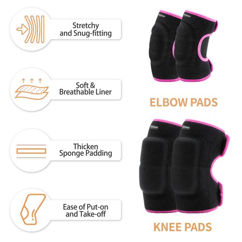 YEEKORO Kids Youth Adjustable Knee Elbow Pads Set with Thickened SBR Pads for Riding Rollerblading Skating Skateboarding Snowboarding Volleyball (Black-Pink)