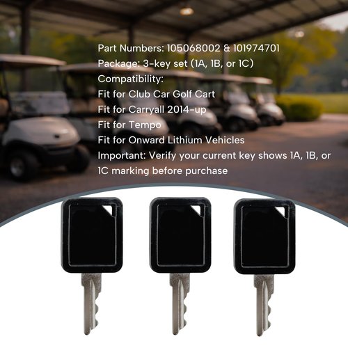 Qiqimingxin Golf Cart Key Set 1A & 1B &1C Replacement Keys Fit for Club Car Golf Cart Fit for Carryall 2014-Up Fit for Tempo Fit for Onward Lithium Replace 105068002 & 101974701 3-Pack Black