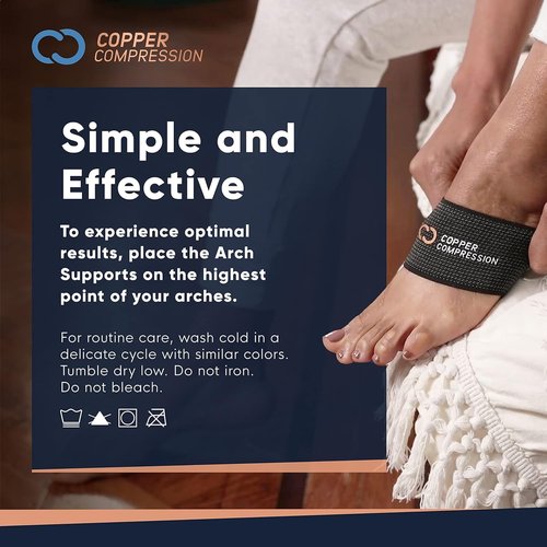 Copper Compression Large Sized Arch Support Sleeves. Targeted Compression for Plantar Fasciitis Symptoms, Pain, Flat Feet & High Arches. Breathable Support for Men & Women - Black