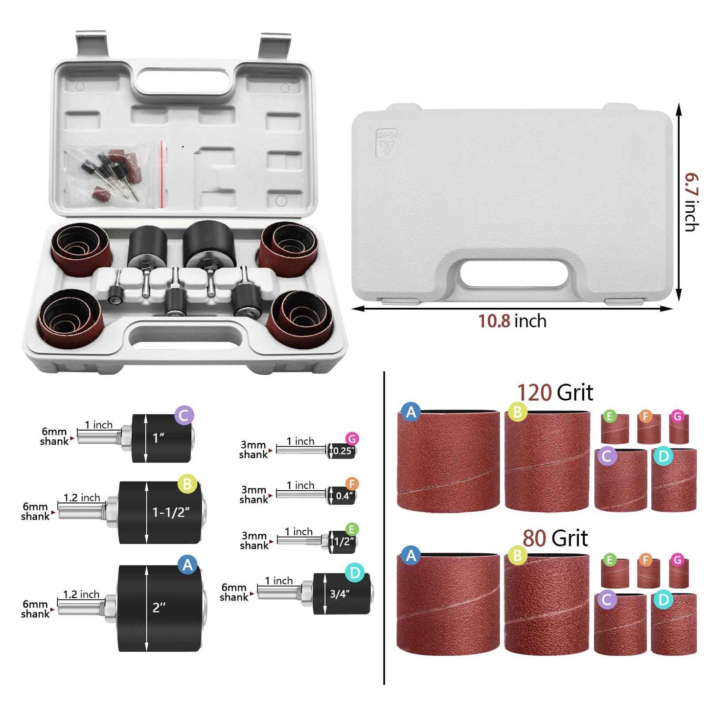 VIBRATITE 37 Pieces Drill Press Sanding Drum Kit, 80 and 120 Grit Spindle Sander Sleeves with Tool Carrying Case for Rotary Tools, Power Drill, Woodworking, Paint, Metal Surfaces Polishing Jobs