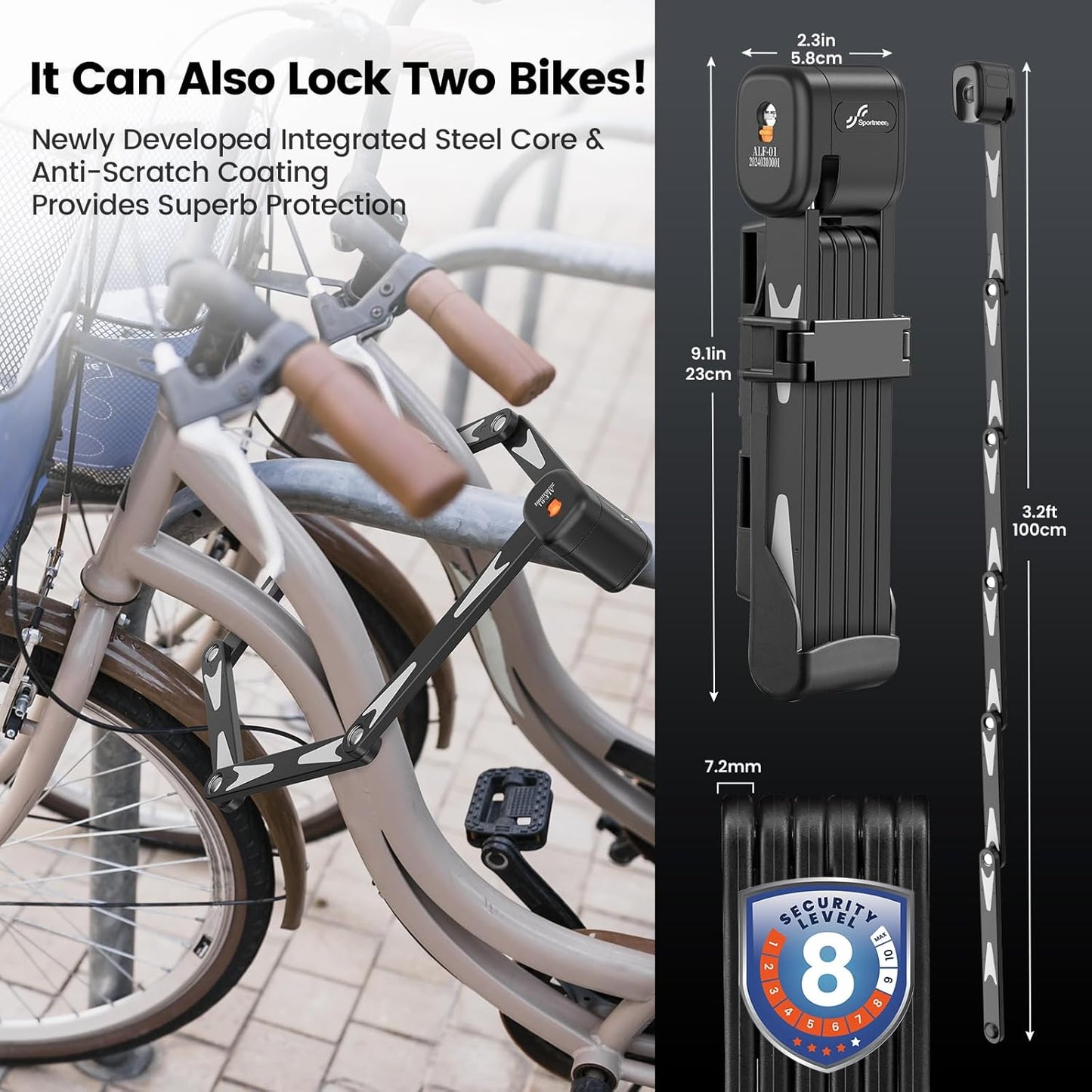 Sportneer Bike Lock - High-Security Folding Bicycle Lock with 3 Stainless Keys | 95cm/3.12ft, 2.86lbs