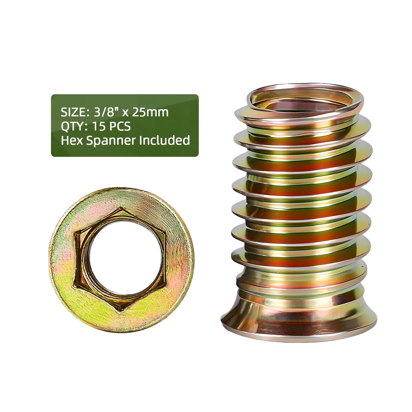 15 PCS 3/8-16 x 25mm Threaded Inserts for Wood Professional Threaded Insert Nuts for Furniture & Wooden Products, Hex Spanner Included